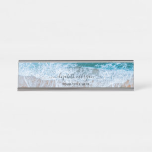 Strand Gepersonaliseerd Blauw Script Elegant Bureau Naambordje