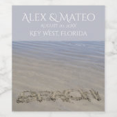 Strand geschreven in het zand elegant neutraal wijn etiket (Enkel label)