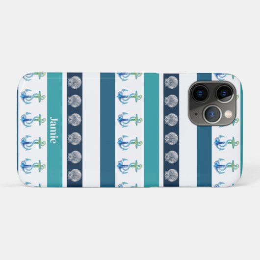 Strand Gestreept Blauw Wit Familie iPhone Case (Achterkant (horizontaal))