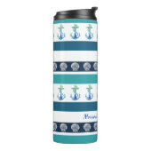 Strand Gestreept Blauw Wit Familie Thermische Tumb Thermosbeker (Gedraaid links)
