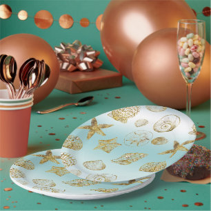 Strand Goud Zee Schelpen Aqua Blauw Ombre    Papieren Bordje