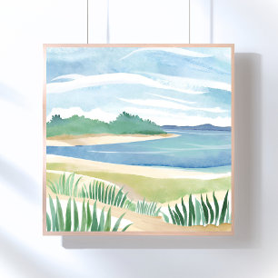 Strand Gras Baai Aquarel Oceaan Kust Zee Poster