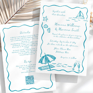 Strand Hand getrokken QR RSVP All-in-One bruiloft Kaart
