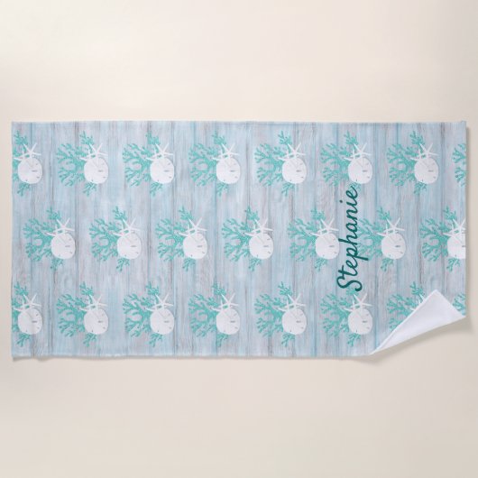 Strand Hout Zand Dollar Zeester Aqua Glitter Strandlaken (Voorkant)