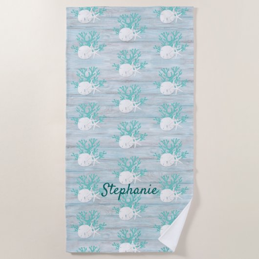 Strand Hout Zand Dollar Zeester Aqua Glitter Strandlaken (Voorkant)