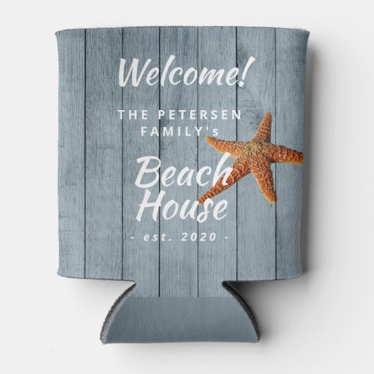 Strand huis familienaam gepersonaliseerde partij blikjeskoeler (Voorkant)