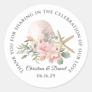 Strand Huwelijk Bedankt Bloemen en Zeester Ronde Sticker