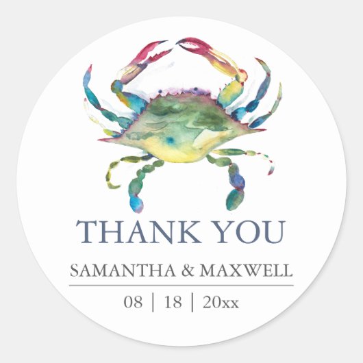 Strand Huwelijk Blauwe Krab Bedankje Cadeautje Ronde Sticker (Voorkant)
