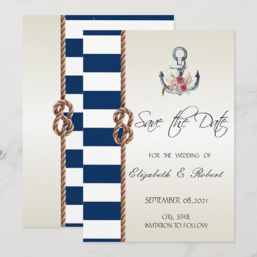 Strand Huwelijk Navy Touw,Gestreept Save The Date (Voorkant / Achterkant)