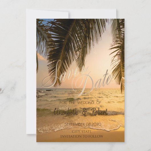 Strand Huwelijk, Palmen Zonsondergang  Bewaar de D Save The Date (Voorkant)