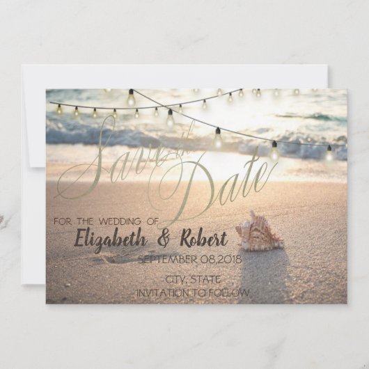 Strand Huwelijk, Schelp Snoer Licht  Save The Date (Voorkant)