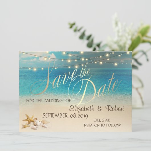 Strand Huwelijk Schelpen Lichten  Save The Date (Staand voorkant)