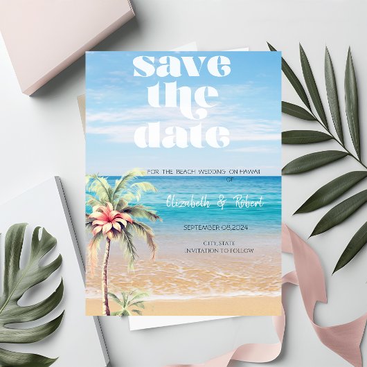 Strand Huwelijk, Zand, Palm Bloem Save The Date