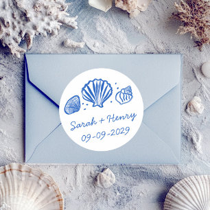 Strand Huwelijk Zeeschelpen Blauw Wit Aangepast  Ronde Sticker