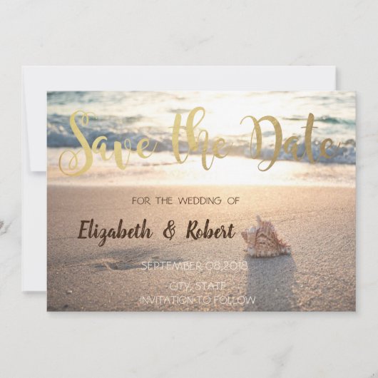Strand Huwelijk, Zonsondergang met Schelpen Bewaa Save The Date (Voorkant)