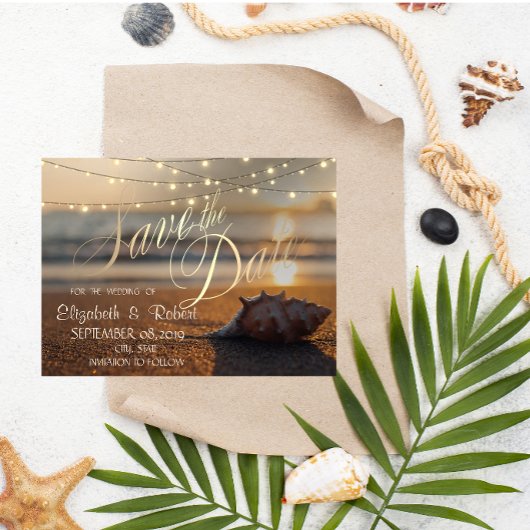 Strand Huwelijk Zonsondergang Schelpen Lichten Bew Save The Date