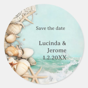 Strand huwelijks zeeschelpen 3 ronde sticker
