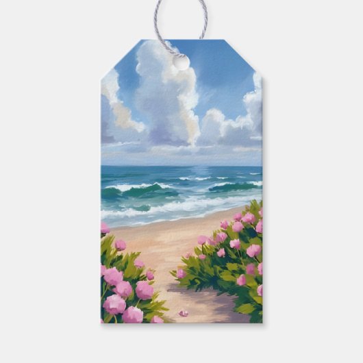 Strand in Bloei | Roze Hortensia Kust Cadeaulabel (Voorkant)