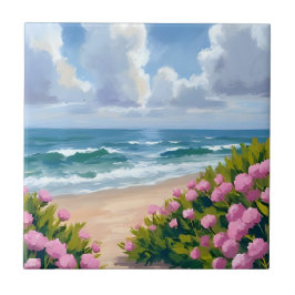 Strand in Bloei | Roze Hortensia Oceaanzijde Kust Tegeltje