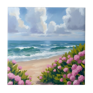 Strand in Bloei Roze Hortensia Oceaanzijde Kust Tegeltje
