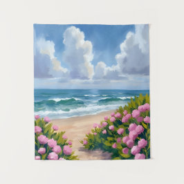 Strand in Bloei | Roze Hortensia Oceaanzijde Kust Wandkleed