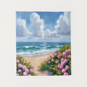 Strand in Bloei Roze Hortensia Oceaanzijde Kust Wandkleed