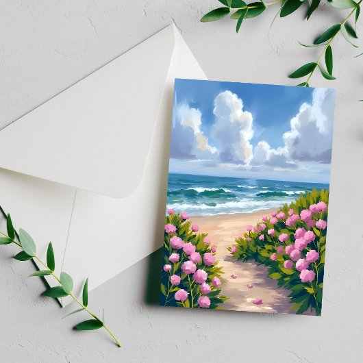 Strand in Bloom | Roze Hydrangea Oceanside Kust Briefkaart