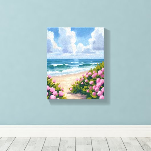 Strand in Bloom | Roze Hydrangea Oceanside Kust Canvas Afdruk (Insitu (Houten vloer))