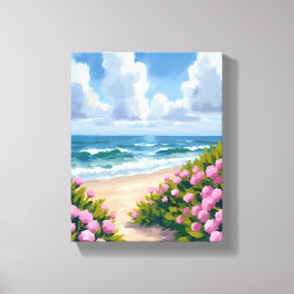 Strand in Bloom | Roze Hydrangea Oceanside Kust Canvas Afdruk