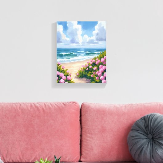 Strand in Bloom | Roze Hydrangea Oceanside Kust Canvas Afdruk (Insitu (Woonkamer))
