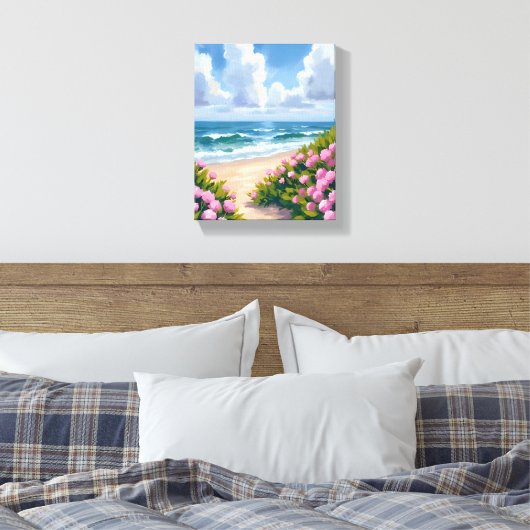 Strand in Bloom | Roze Hydrangea Oceanside Kust Canvas Afdruk (Insitu (Slaapkamer))