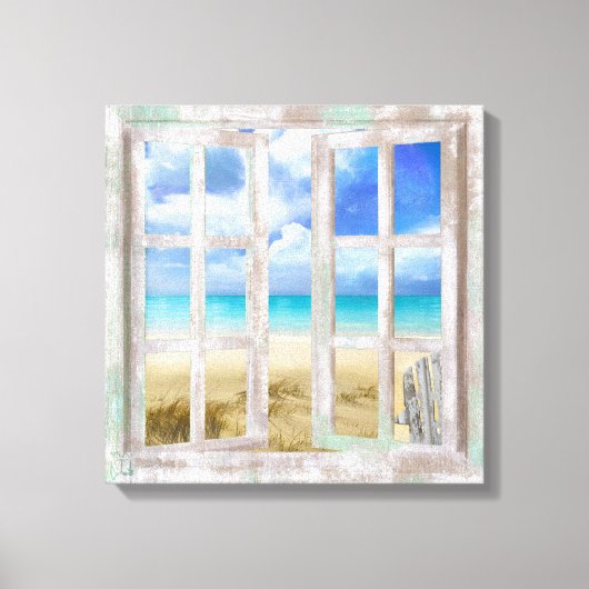 Strand in open raam kusthuisje verpakt canvas afdruk (Voorkant)