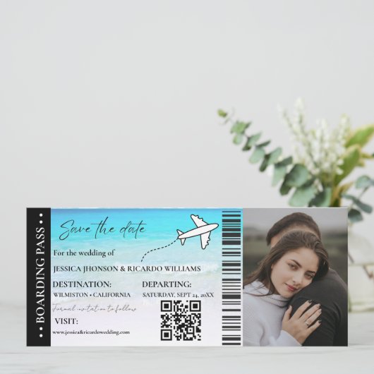 Strand instapkaart trouw save the date ticket kaart (Staand voorkant)