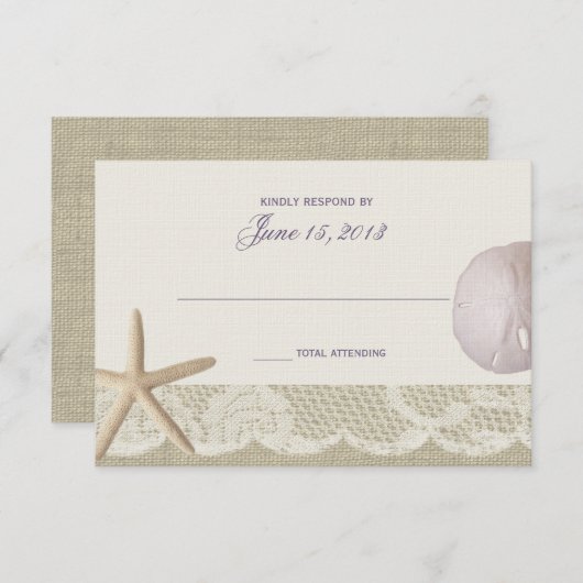 strand Ivoor en Paarse reactie RSVP Kaartje (Voorkant / Achterkant)