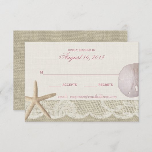  strand ivoor en roze reactie RSVP kaartje (Voorkant / Achterkant)