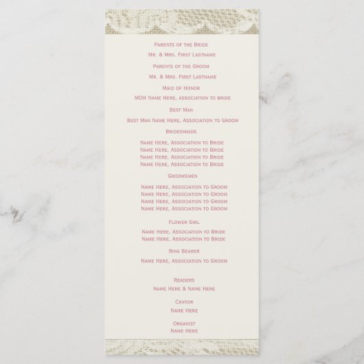 Strand Kant en Burlap Huwelijksprogramma Programmakaart (Achterkant)