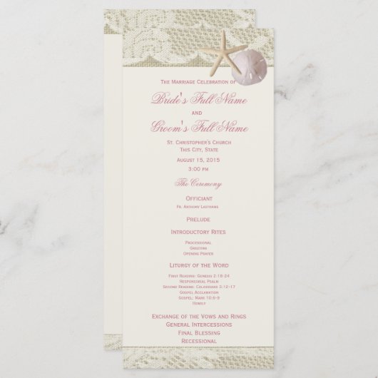 Strand Kant en Burlap Huwelijksprogramma Programmakaart (Voorkant / Achterkant)