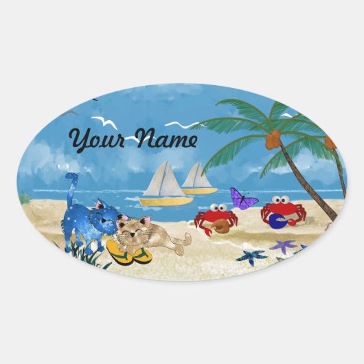 Strand Katten Zomer Ovale Sticker (Voorkant)