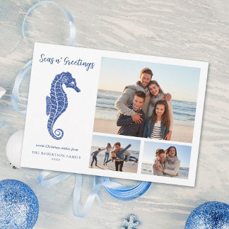 Strand Kerst Marine Blue Seahorse 3 Foto Feestdagenkaart