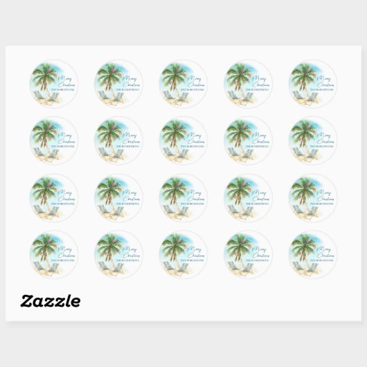 Strand Kerst Tropische Palm Tree Ronde Sticker (Vel)
