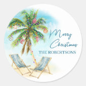 Strand Kerst Tropische Palm Tree Ronde Sticker (Voorkant)