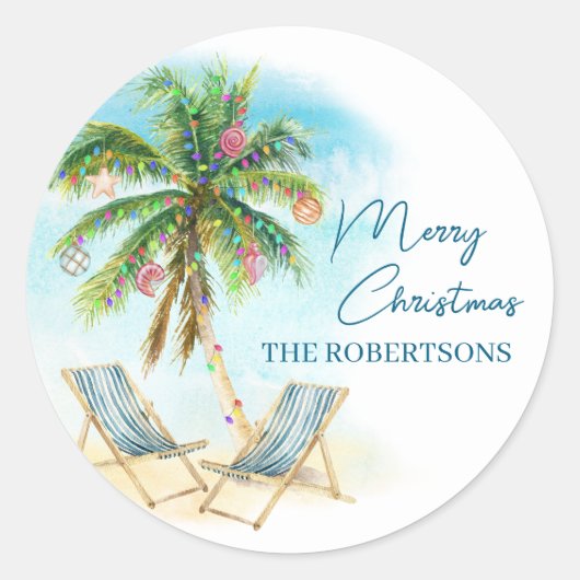 Strand Kerst Tropische Palm Tree Ronde Sticker (Voorkant)