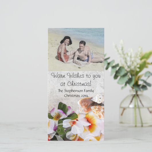 Strand Kerst Warm Wensen Bloemen Schelpen Feestdagenkaart (Staand voorkant)
