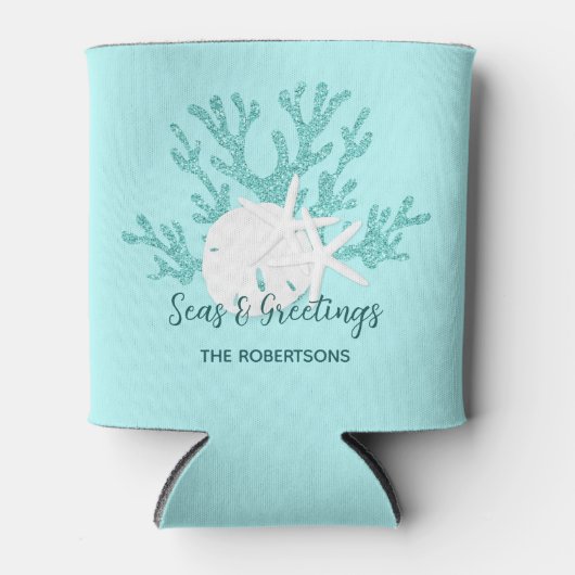 Strand Kerst Zand Dollar Zeester Aqua Blauw Blikjeskoeler (Voorkant)