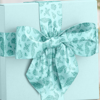Strand Kerst Zeepaardje Aqua Blue Glitter Satijnen Lint
