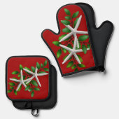 Strand Kerst Zeester Oven Mitt en Pothouders Ovenwant & Pannenlap Set (Voorkant / Achterkant)