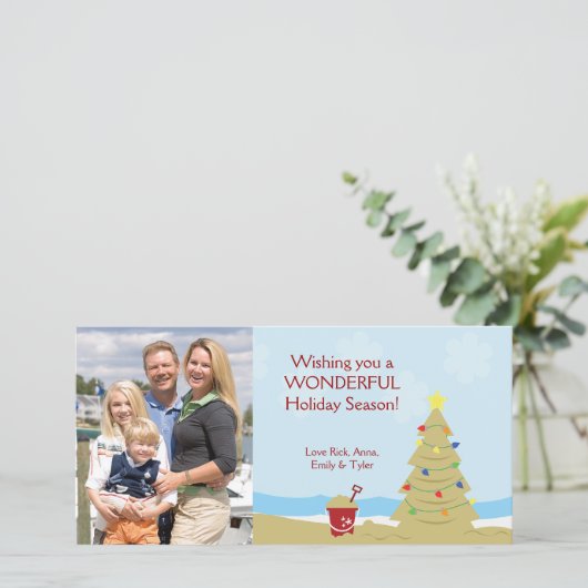 Strand Kerstboom Zandkasteel Vakantie Feestdagenkaart (Staand voorkant)