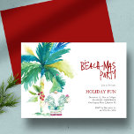 Strand Kerstfeest Waterverf Palm Tree Santa Kaart<br><div class="desc">Een schattig strand kerstuitnodigingen zijn voorzien van een waterverf palmboom met een kerstman in een Hawaïaans shirt met een cadeau. De woorden "Beachmas Party" zijn ingesteld in leuke hand geletterde type. Een charmante keuze voor een tropisch themafeest. Unieke waterverf kunst en design van Victoria Grigaliunas van Do Tell A Belle....</div>