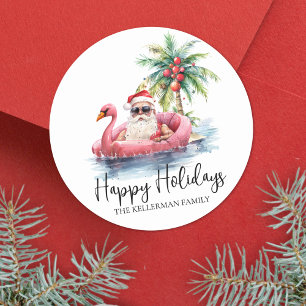 Strand Kerstman Santa Gelukkig Kerstfeest Ronde Sticker