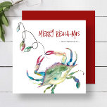 Strand Kerstmis Kaarten Waterverf Blauwe krab<br><div class="desc">Deze strandkerstkaarten zijn voorzien van een unieke waterverf blauwe krab met vakantieverlichting. De woorden "Merry Beach-mas" worden gebruikt in een leuke scripttypografie. Gebruik de sjabloon velden om uw persoonlijke groet toe te voegen. Bestel afdrukbare kerstkaarten, kleine bestellingen of bulk kerstkaarten voor bedrijven. Ga voor meer design naar www.zazzle.com/dotellabelle Unique waterverf...</div>